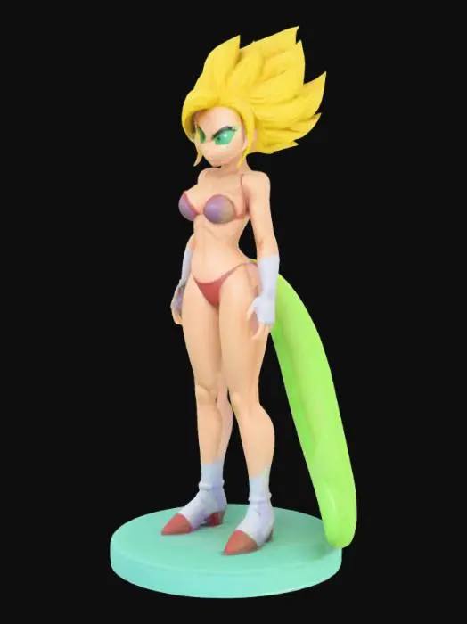 3D model for create a new supersaiyin character it is a woman and is super saiying level 4 - light green eyes big tale and is wearing a  bikini suit she must be easy printable with limited support with a creality 1KC in PLA. can you make the infill full so the body is strong when printing also give it a strong filled round ground underneath the figure so it will be stable on a chess board.
