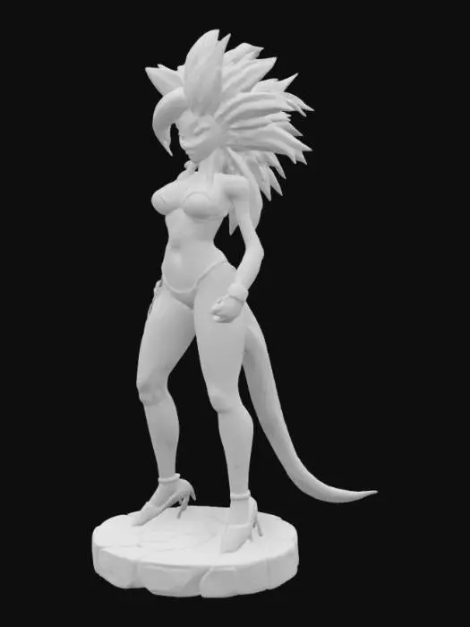 3D model for create a new supersaiyin character it is a woman and is super saiying level 4 - light green eyes big tale and is wearing a  bikini suit she must be easy printable with limited support with a creality 1KC in PLA. can you make the infill full so the body is strong when printing also give it a strong filled round ground underneath the figure so it will be stable on a chess board.
