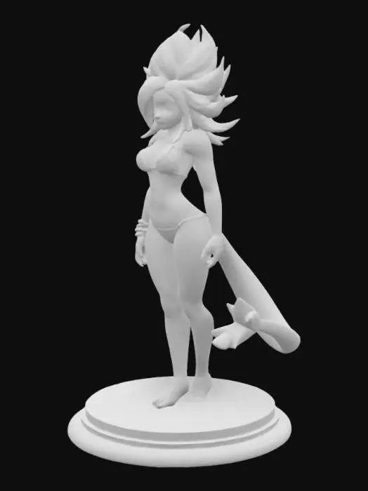 3D model for create a new supersaiyin character it is a woman and is super saiying level 4 - light green eyes big tale and is wearing a  bikini suit she must be easy printable with limited support with a creality 1KC in PLA. can you make the infill full so the body is strong when printing also give it a strong filled round ground underneath the figure so it will be stable on a chess board.
