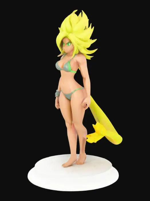 3D model for create a new supersaiyin character it is a woman and is super saiying level 4 - light green eyes big tale and is wearing a  bikini suit she must be easy printable with limited support with a creality 1KC in PLA. can you make the infill full so the body is strong when printing also give it a strong filled round ground underneath the figure so it will be stable on a chess board.
