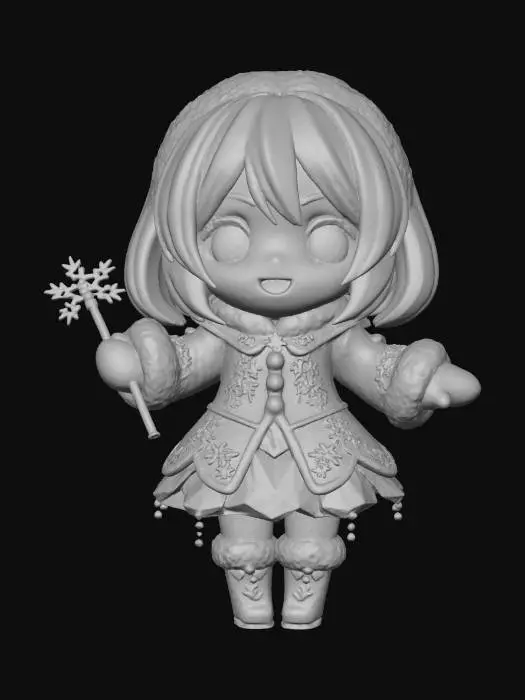 3D model for Q版雪初音角色，拥有光滑的超短波波头。身着冰雪主题的精致冬装，主色调为冰蓝与雪白，点缀细腻银色雪花刺绣及蓬松毛绒边饰。短裙设计灵动，整体材质融合了柔软丝绒与晶莹剔透的冰晶质感，呈现出温暖、梦幻且具Q版活力的视觉触感。