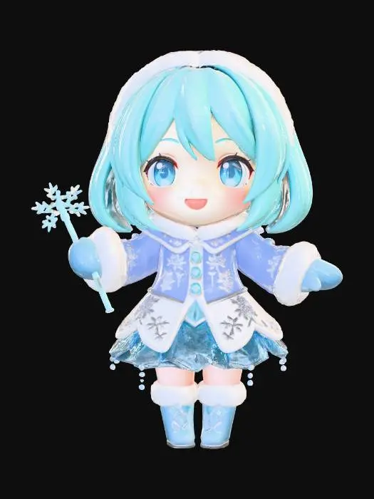 3D model for Q版雪初音角色，拥有光滑的超短波波头。身着冰雪主题的精致冬装，主色调为冰蓝与雪白，点缀细腻银色雪花刺绣及蓬松毛绒边饰。短裙设计灵动，整体材质融合了柔软丝绒与晶莹剔透的冰晶质感，呈现出温暖、梦幻且具Q版活力的视觉触感。