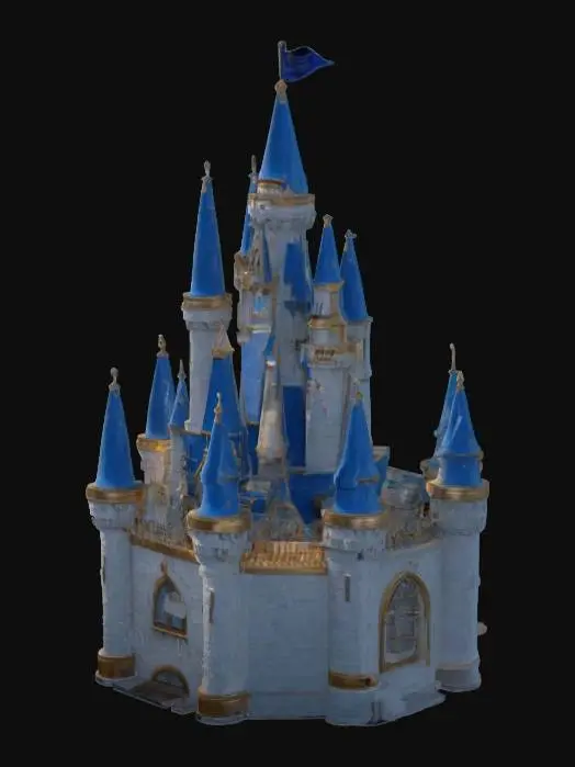 3D model for Florida,a Cinderella Castle at Walt Disney World Resort,surreal magical style, Disney style, blue roof tops, gold trim on awnings and windows,  ,off white walls, plastic toy, #AroundTheWorld#