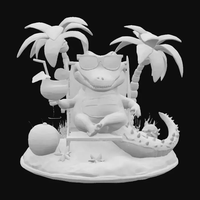 3D model for Florida, cute gator wearing sunglasses and lying on beach chair holding a margarita with a small umbrella on sand island with two palm trees, high quality textures, no holes in geometry, good quads, no breaks in mesh, no double texturing 