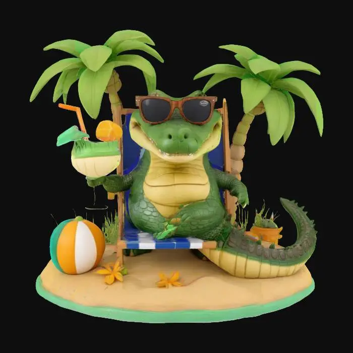 3D model for Florida, cute gator wearing sunglasses and lying on beach chair holding a margarita with a small umbrella on sand island with two palm trees, high quality textures, no holes in geometry, good quads, no breaks in mesh, no double texturing 