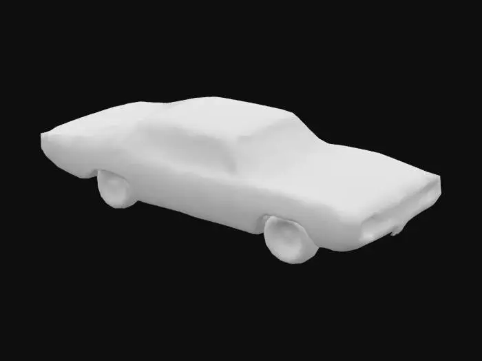 3D model for A cartoon-style 1969 Dodge Charger, featuring exaggerated, simplified lines and a sturdy, slightly chunky build. Its body is smooth and glossy, with a vibrant, solid color, perhaps a bright orange or deep black, perfectly applied without blemishes. The iconic grille and circular taillights are stylized and prominent, while its oversized, simplified wheels with bold wheels complete the classic muscle car silhouette, giving it a playful, robust, and clean appearance, like a collectible toy.