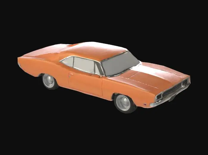 3D model for A cartoon-style 1969 Dodge Charger, featuring exaggerated, simplified lines and a sturdy, slightly chunky build. Its body is smooth and glossy, with a vibrant, solid color, perhaps a bright orange or deep black, perfectly applied without blemishes. The iconic grille and circular taillights are stylized and prominent, while its oversized, simplified wheels with bold wheels complete the classic muscle car silhouette, giving it a playful, robust, and clean appearance, like a collectible toy.