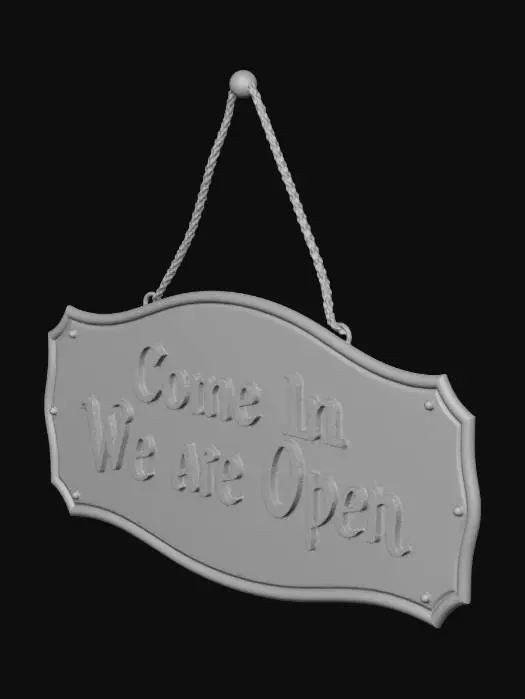 3D model for a dark wooden plaque hanging on a beige rope string, which hangs over wall suction hook. The plaque says "Come In We Are Open" in a nice fancy font.