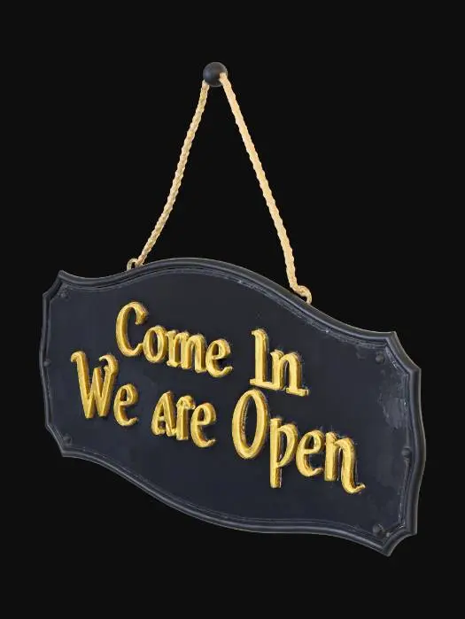 3D model for a dark wooden plaque hanging on a beige rope string, which hangs over wall suction hook. The plaque says "Come In We Are Open" in a nice fancy font.