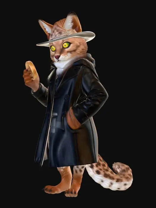 3D model for A tabaxi detective lurking in the shadows looking for clues to a crime scene.
