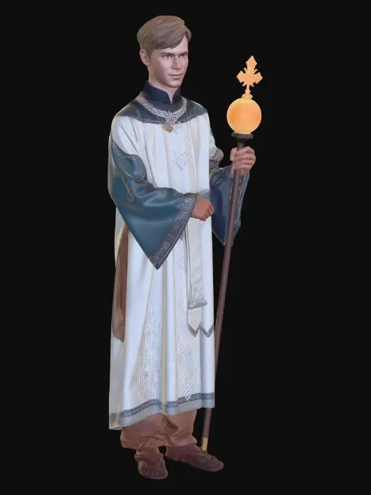 3D model for A young priest learning the ropes of becoming an adventurer. He has short hair and a holy staff in his hand.