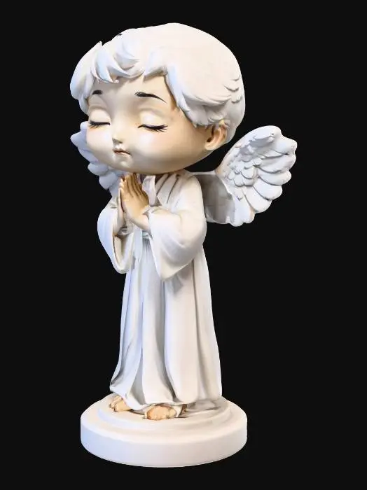 3D model for Premium chibi angel statue in a peaceful prayer pose, oversized head, smooth minimalist face, elegant long robe, hands together at chest, small feathered wings, polished collectible style, thick printable shapes, standing on a round pedestal.