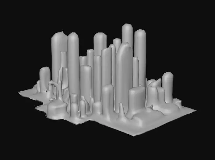 3D model for Futuristic sci-fi  city building cluster. the buildings are next to each other and have glowing windows and lights.