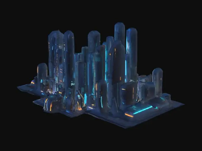 3D model for Futuristic sci-fi  city building cluster. the buildings are next to each other and have glowing windows and lights.