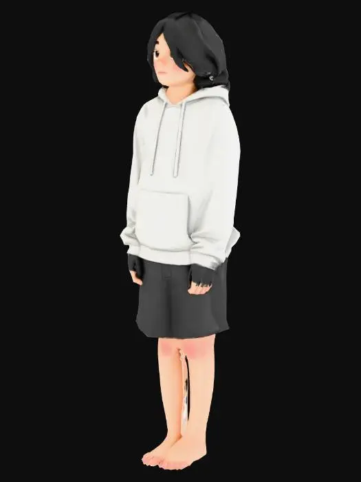 3D model for a a teen boy wearing a grey hoodie, black shorts, barefeet, with shoulder length black hair. t-posing