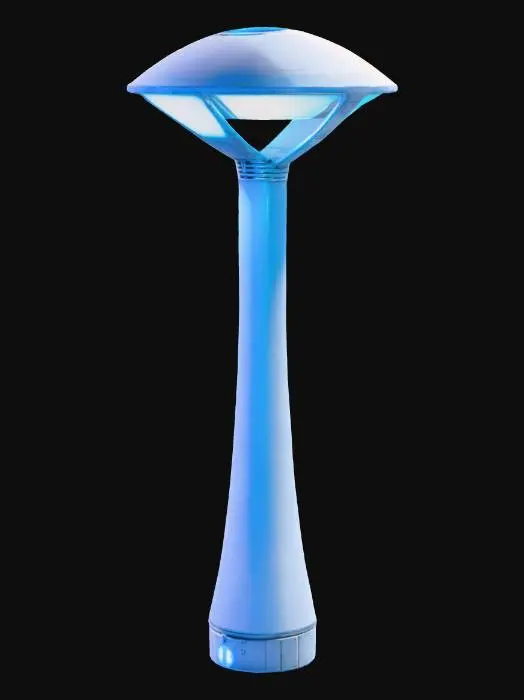 3D model for A futuristic, sci, fi, lamp post. it has smooth, white metal plating and casts a blue light.