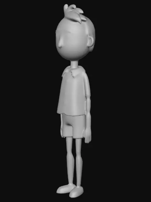 3D model for A tall, thin, wood sculpted stop motion character with wavy paper hair and a paper button up shirt and shorts. his head is a wood ovel with oval indents for eyes and a large nose.