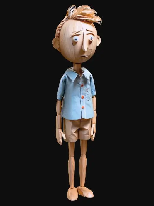 3D model for A tall, thin, wood sculpted stop motion character with wavy paper hair and a paper button up shirt and shorts. his head is a wood ovel with oval indents for eyes and a large nose.