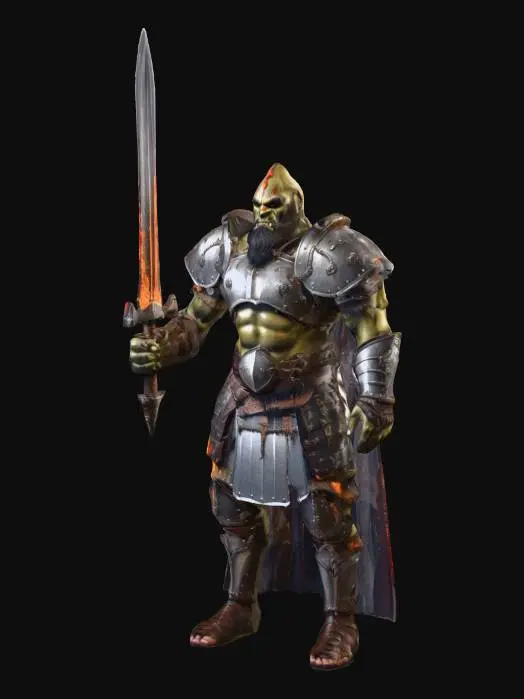 3D model for muscular male orc paladin with a beard, wearing adamantine plate armour, wielding a flaming sword