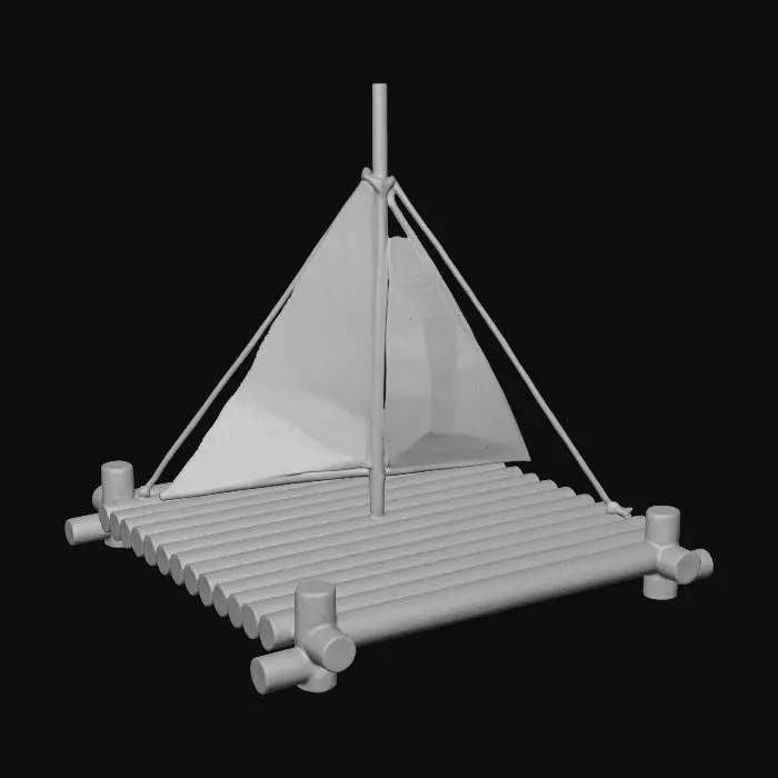 3D model for flat, square raft, hand made from logs tied together, capable of carrying 10 people, with a free standing small mast and sail in the center