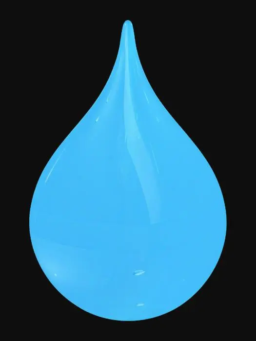 3D model for A stylized 3D water droplet for a mobile game. Smooth, transparent blue with a soft glow. Teardrop shape with a slightly flattened base. Cartoon style, simple geometry, low-poly with soft reflections. No animation, suitable for Unity 3D.
