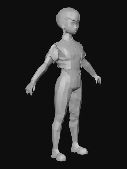 3D model for ((masterpiece)), ((one woman)), 25yo, (detailed face and eyes:1.3), ((ice. blue eyes)), short pixie, white hair with blue bangs, retro futuristic, sassy, (cyberpunk), by (Jim Lee:0.8|Yukito Kishiro:0.8), ((plain white background))