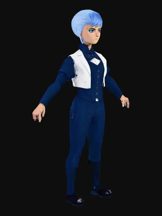 3D model for ((masterpiece)), ((one woman)), 25yo, (detailed face and eyes:1.3), ((ice. blue eyes)), short pixie, white hair with blue bangs, retro futuristic, sassy, (cyberpunk), by (Jim Lee:0.8|Yukito Kishiro:0.8), ((plain white background))