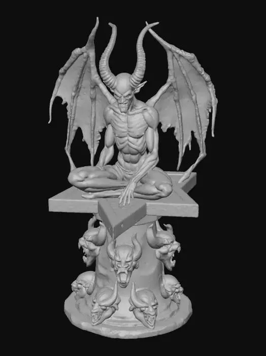 3D model for blasphemy devil propped up and sat on a pentagram star on a stand of screaming demonic faces of lost souls. high resolution for 3d printing