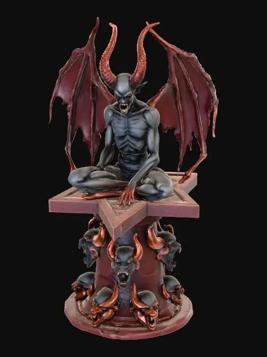 3D model for blasphemy devil propped up and sat on a pentagram star on a stand of screaming demonic faces of lost souls. high resolution for 3d printing