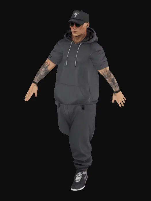 3D model for Modern street-style gangster action figure in a T-pose, hoodie, designer sneakers, tattoos on arms, confident face with scar"