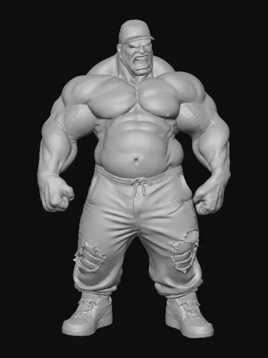 3D model for Create a highly detailed 3D character inspired by the Incredible Hulk, redesigned in a hood street-style aesthetic. The character should be massive, muscular, and intimidating, with deep green skin, visible veins, and realistic skin pores. Dress him in urban streetwear: Nike Air Force 1 sneakers (crisp white, detailed stitching, thick laces), ripped joggers or distressed denim hanging low, and subtle chain accessories. Add a fitted Baltimore Orioles baseball cap (black and orange) tilted slightly to the side for attitude.

Give the character a raw, gritty Baltimore street vibe—baggy clothing texture, scuff marks on the shoes, and a confident, powerful stance as if he’s standing on a city block. Include expressive facial detail: furrowed brow, glowing green eyes, and a fierce snarl