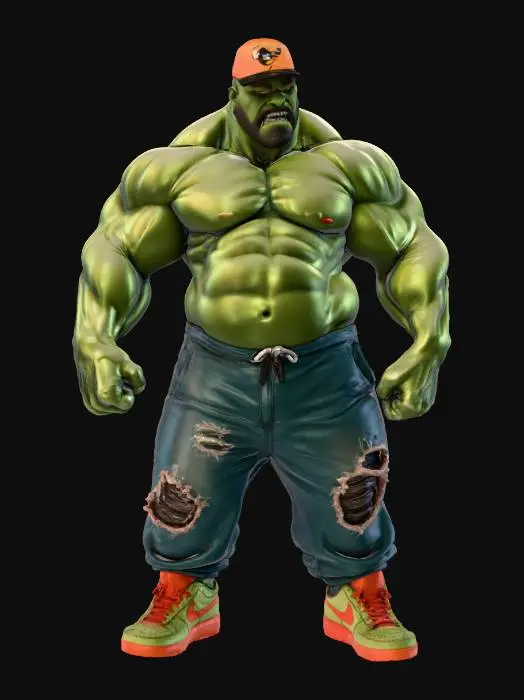 3D model for Create a highly detailed 3D character inspired by the Incredible Hulk, redesigned in a hood street-style aesthetic. The character should be massive, muscular, and intimidating, with deep green skin, visible veins, and realistic skin pores. Dress him in urban streetwear: Nike Air Force 1 sneakers (crisp white, detailed stitching, thick laces), ripped joggers or distressed denim hanging low, and subtle chain accessories. Add a fitted Baltimore Orioles baseball cap (black and orange) tilted slightly to the side for attitude.

Give the character a raw, gritty Baltimore street vibe—baggy clothing texture, scuff marks on the shoes, and a confident, powerful stance as if he’s standing on a city block. Include expressive facial detail: furrowed brow, glowing green eyes, and a fierce snarl