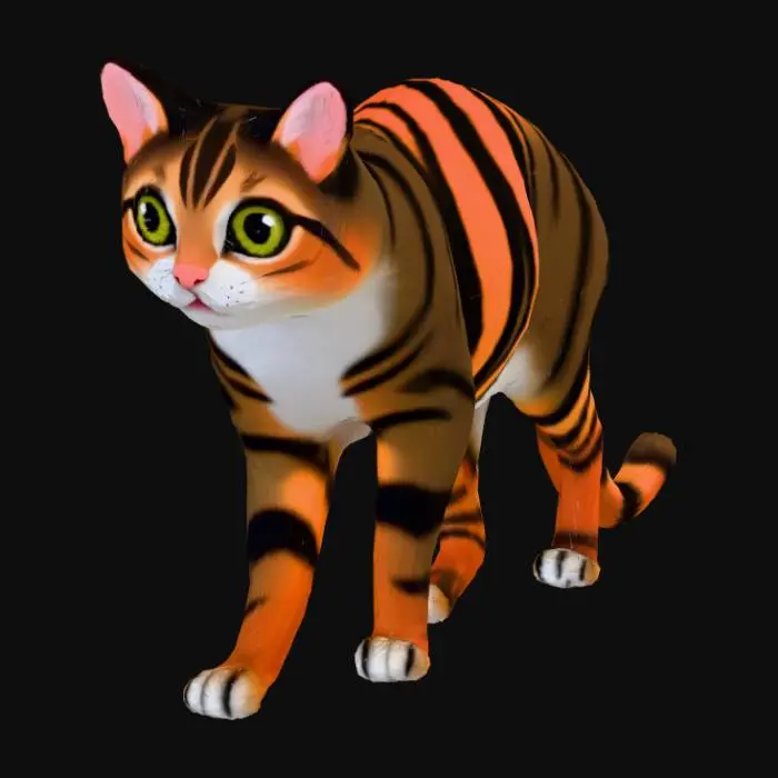 3D model for Prompt: A stylized realistic American Shorthair cat, standing neutrally on all four legs with legs separated and straight. High-quality vinyl toy finish, smooth plastic-like fur texture, vibrant colors. Expressive eyes but realistic proportions. Professional 3D game asset, clean mesh, looking forward.

Negative Prompt: scary, ultra-realistic hair simulation, messy fur, sitting, lying down, distorted limbs, extra tails, low resolution, blurry texture, cartoonish chibi.