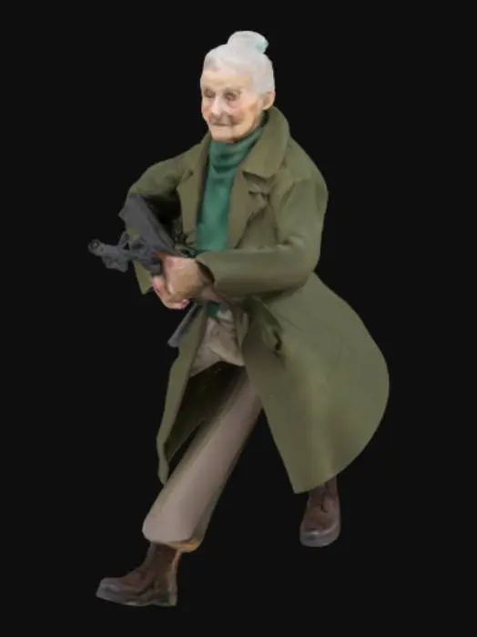 3D model for a 90 year old woman with an assault rifle