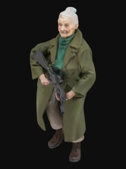 3D model for a 90 year old woman with an assault rifle