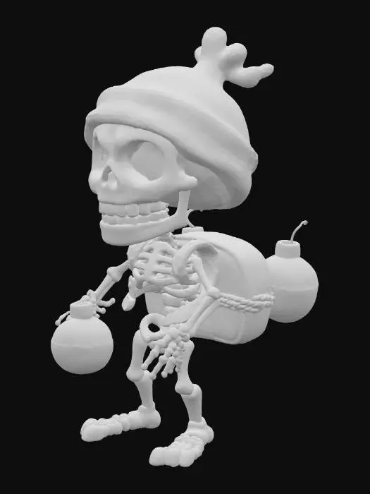 3D model for Cartoon-stylized skeleton character, humanoid body, blue plush hat, wooden barrel backpack with rope, friendly expression. Separate from the body: black cartoon bomb, round shape with fuse. Ready for animation, Clash Royale style, simplified proportions