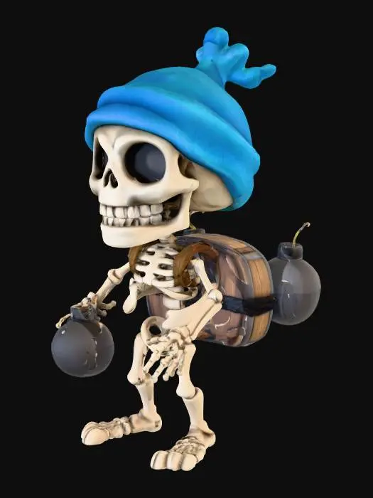 3D model for Cartoon-stylized skeleton character, humanoid body, blue plush hat, wooden barrel backpack with rope, friendly expression. Separate from the body: black cartoon bomb, round shape with fuse. Ready for animation, Clash Royale style, simplified proportions