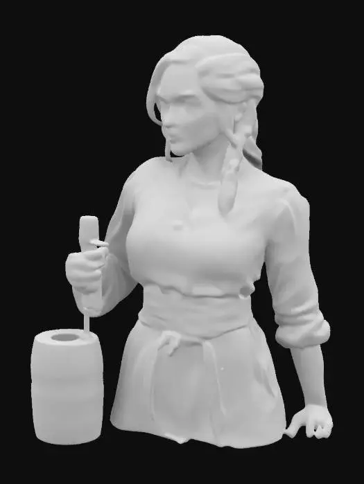 3D model for incredibly realistic medieval human female bartender, bust render from stomach to head, incredibly high detail face with symmetrical proportions and defined cheeks, auburn hair long but braided in a ponytail, very high resolution white cotton and dark leather medieval bartender clothing and apron, smiling and leaning to pour, extremely fine detail texture with large UVs dedicated for the face for detail, high resolution texture, no lighting baked, albedo texture only, UHD, high poly #women#