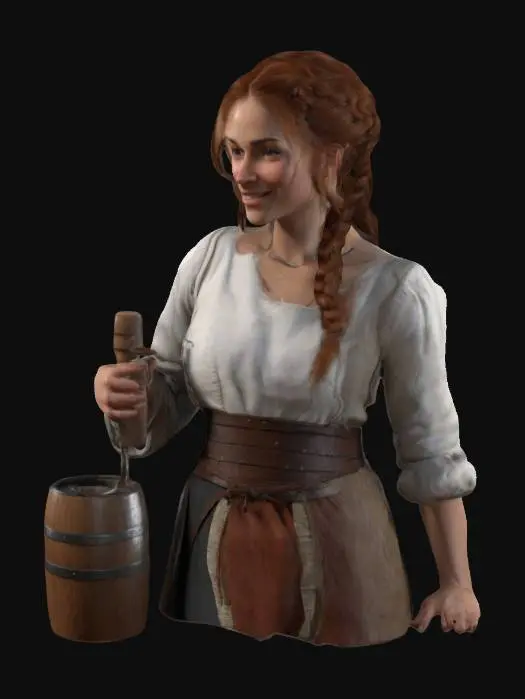 3D model for incredibly realistic medieval human female bartender, bust render from stomach to head, incredibly high detail face with symmetrical proportions and defined cheeks, auburn hair long but braided in a ponytail, very high resolution white cotton and dark leather medieval bartender clothing and apron, smiling and leaning to pour, extremely fine detail texture with large UVs dedicated for the face for detail, high resolution texture, no lighting baked, albedo texture only, UHD, high poly #women#