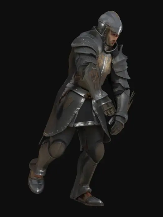 3D model for incredibly realistic tall medieval knight, wearing leather and steel armor, a steel crusader bascinet helmet, armor style reminiscent of Dark Souls, armor is worn and dented, slim, fit, muscular, powerful, complete head-to-foot t pose, incredibly high detail model with no artifacts, high-resolution texture, large softbox even lighting, Large UV space dedicated to face details, UHD, high poly, realistic proportions and size, clean topology, avoid distortions or unnatural proportions #game figure#