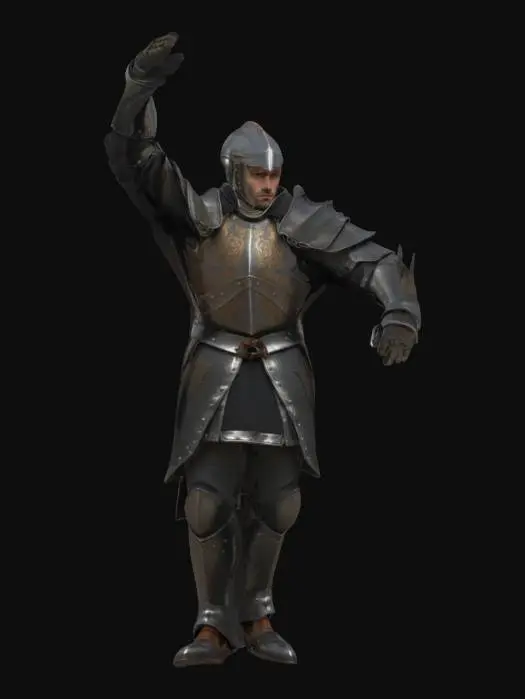 3D model for incredibly realistic tall medieval knight, wearing leather and steel armor, a steel crusader bascinet helmet, armor style reminiscent of Dark Souls, armor is worn and dented, slim, fit, muscular, powerful, complete head-to-foot t pose, incredibly high detail model with no artifacts, high-resolution texture, large softbox even lighting, Large UV space dedicated to face details, UHD, high poly, realistic proportions and size, clean topology, avoid distortions or unnatural proportions #game figure#