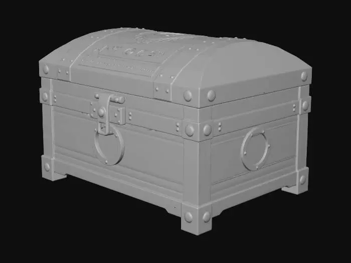 3D model for A compact rectangular storage chest made from dark ironwood planks bound with brushed moonsteel bands. The lid is slightly domed and reinforced with crescent-shaped hinges. Frost-blue runic inlays run along the edges of the lid and faintly glow from shallow carved channels. The wood texture shows hand-carved grain with light weathering and worn edges from travel. Moonsteel corner caps protect the chest, each engraved with small lunar symbols. The latch is a simple rotating moonsteel clasp shaped like a crescent moon. Surface scratches and subtle dents give the chest a long-used adventurer feel.
