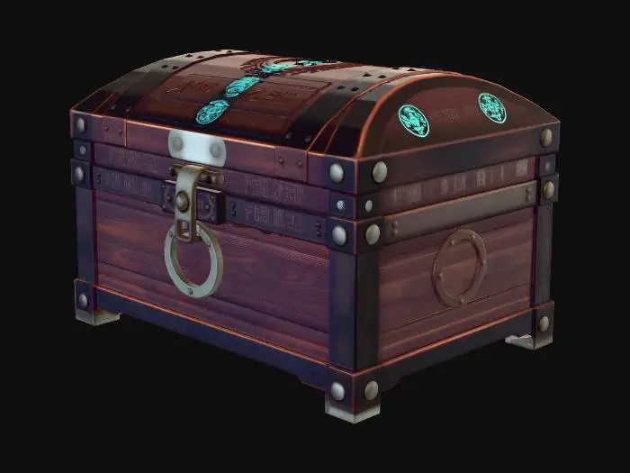 3D model for A compact rectangular storage chest made from dark ironwood planks bound with brushed moonsteel bands. The lid is slightly domed and reinforced with crescent-shaped hinges. Frost-blue runic inlays run along the edges of the lid and faintly glow from shallow carved channels. The wood texture shows hand-carved grain with light weathering and worn edges from travel. Moonsteel corner caps protect the chest, each engraved with small lunar symbols. The latch is a simple rotating moonsteel clasp shaped like a crescent moon. Surface scratches and subtle dents give the chest a long-used adventurer feel.