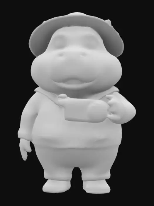 3D model for animated hippopotamus in green outfit holding a camera