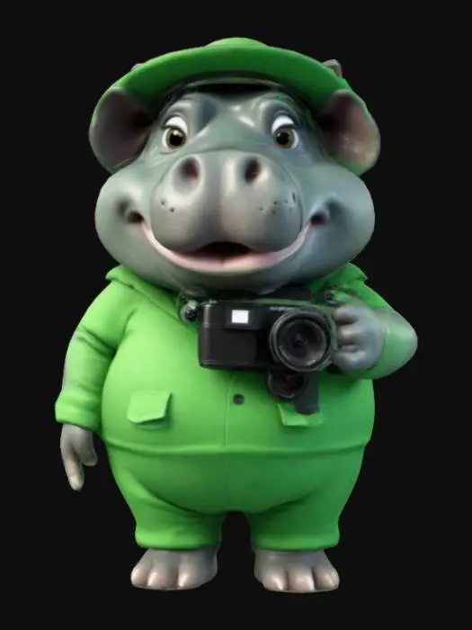 3D model for animated hippopotamus in green outfit holding a camera