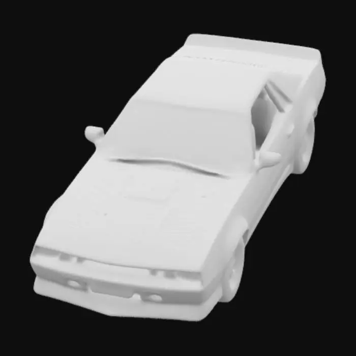 3D model for A 1980s Camaro with a compact, boxy design and a dirty, solid color like red or brown. The car has simple, angular lines, a sloped rear window, and a small, functional trunk. The bumpers are made of plastic with a matte finish, while the headlights are square with chrome accents. It sits on steel rims with hubcaps, and the tires have visible tread. The car’s body has a few minor scratches, and the side mirrors are basic, rectangular with a slightly worn look.