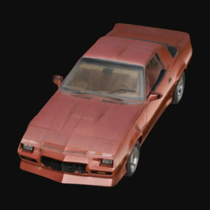 3D model for A 1980s Camaro with a compact, boxy design and a dirty, solid color like red or brown. The car has simple, angular lines, a sloped rear window, and a small, functional trunk. The bumpers are made of plastic with a matte finish, while the headlights are square with chrome accents. It sits on steel rims with hubcaps, and the tires have visible tread. The car’s body has a few minor scratches, and the side mirrors are basic, rectangular with a slightly worn look.
