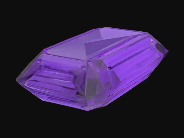 3D model for The object is a faceted, rectangular octagonal gemstone with a smooth, reflective surface and a deep purple hue.