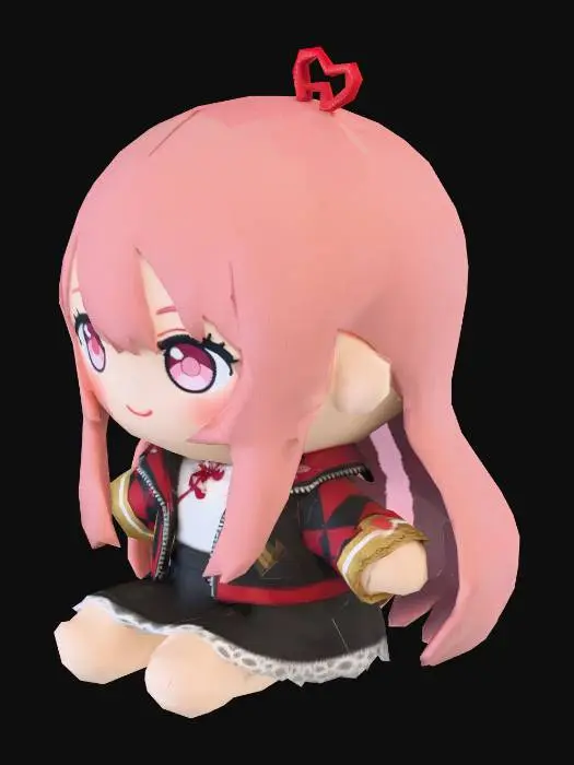 3D model for A soft chibi-style plush doll of [mei lin] from [chaos zero nightmare], sitting upright, designed in the style of a Fumo plush. Large round head, small body, visible stitched fabric texture, cute embroidered eyes, soft felt-like clothing, accurate outfit details, simple proportions, warm natural lighting, neutral background, realistic toy photography style, tactile fabric details, highly detailed, 3D render.