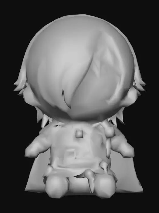 3D model for A soft chibi-style plush doll of [Kromer] from [Limbus Company], sitting upright, designed in the style of a Fumo plush. Large round head, small body, visible stitched fabric texture, cute embroidered eyes, soft felt-like clothing, accurate outfit details, simple proportions, warm natural lighting, neutral background, realistic toy photography style, tactile fabric details, highly detailed, 3D render.